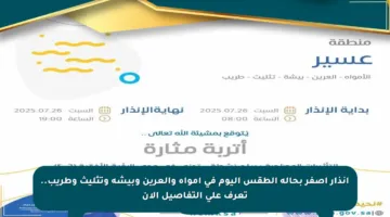 إنذار أصفر بحالة الطقس اليوم في أمواه والعرين وبيشة وتثليث وطريب.. تعرف على التفاصيل الآن